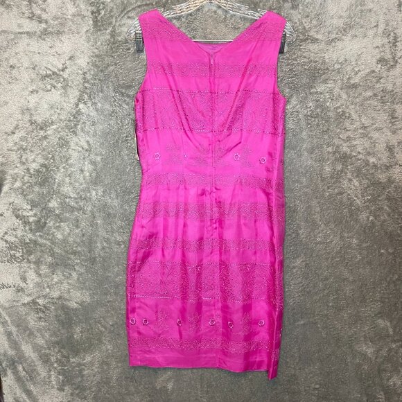 Vtg David Warren Women Embroidered Retro 60s Fuchsia Pink Silk Sheath Dress 6 - Picture 2 of 12